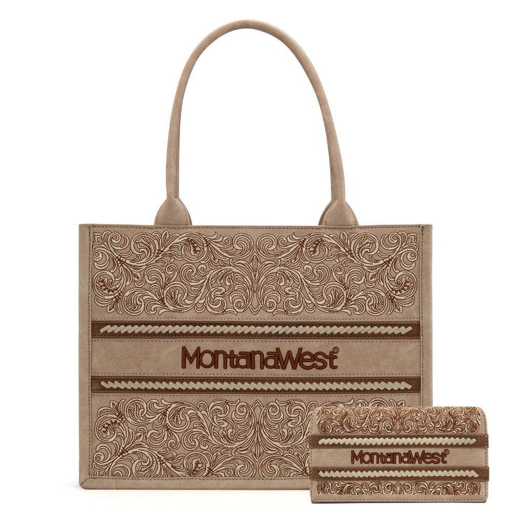 Montana West Embroidered Collection Concealed Carry Tote Wallet Set Tan
